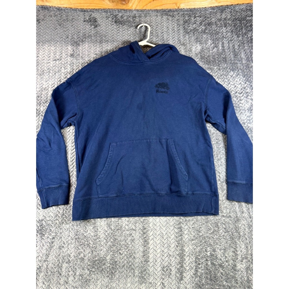 Roots Hoodie Mens Medium Navy Blue Embroidered Logo Fleece Lined Organic‎ Cotton